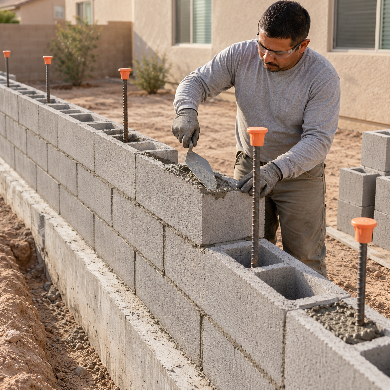 Mason works on a concrete block wall with visible hollow cells, capped reinforcing bars, and a concrete footing.