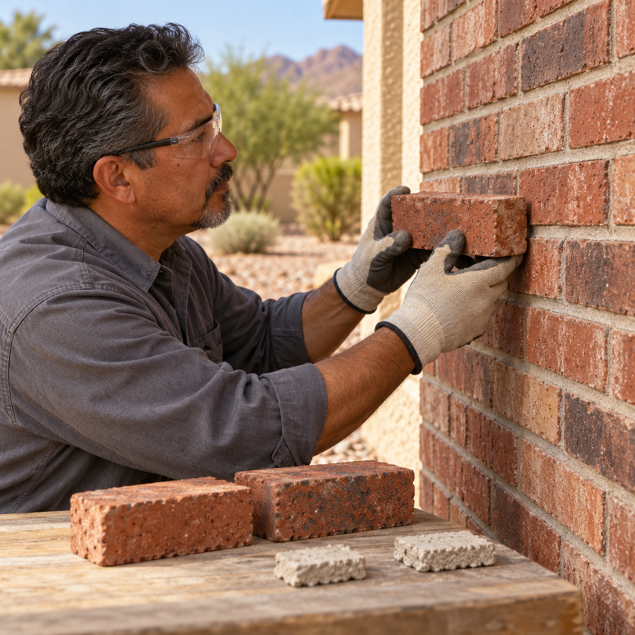 A mason compares a replacement brick with an existing wall while brick and mortar samples rest on a workbench.