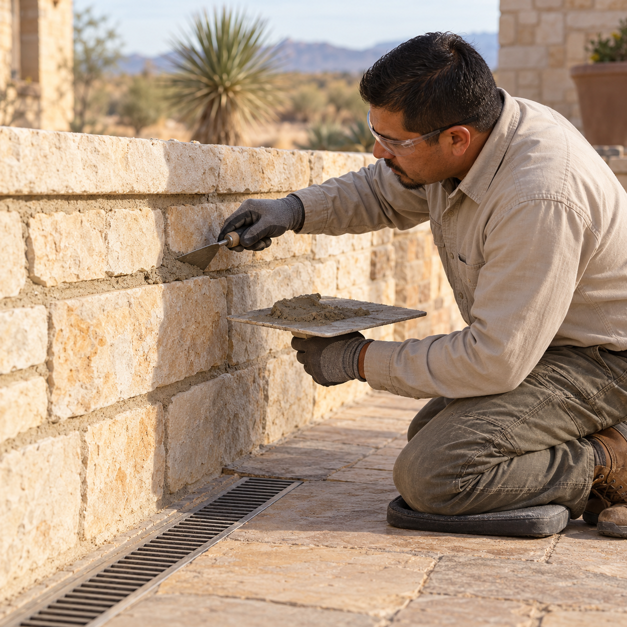 A mason repairs limestone mortar joints beside a grated courtyard drain.