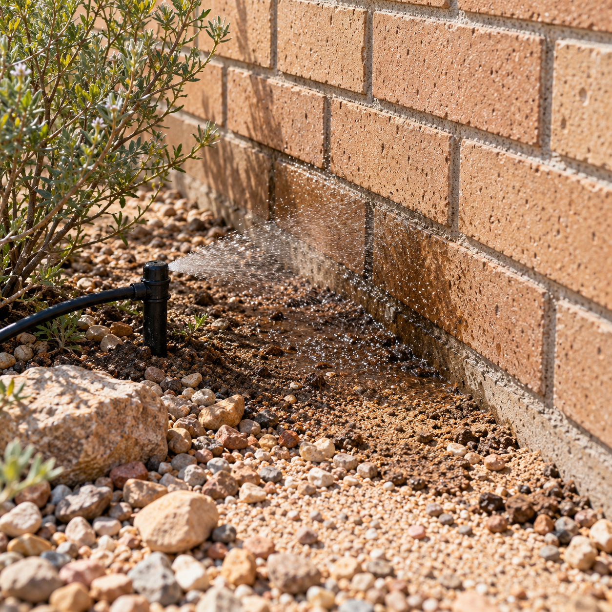 A misdirected irrigation sprayer wets the base of a brick wall and nearby soil in a gravel planting bed.