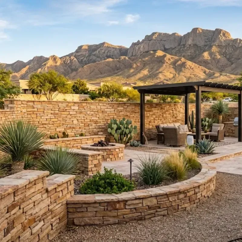 Natural stacked stone retaining wall landscaping design in El Paso TX with sandstone masonry, desert garden beds, and decorative quarry stone boundary wall exterior