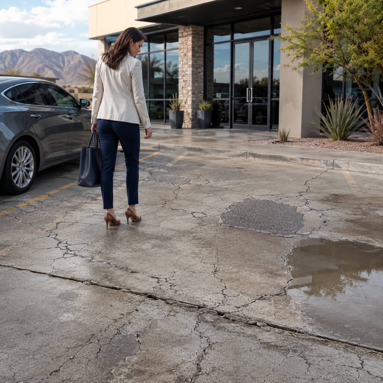 A customer noticed the cracks on a business establishment's parking lot. 