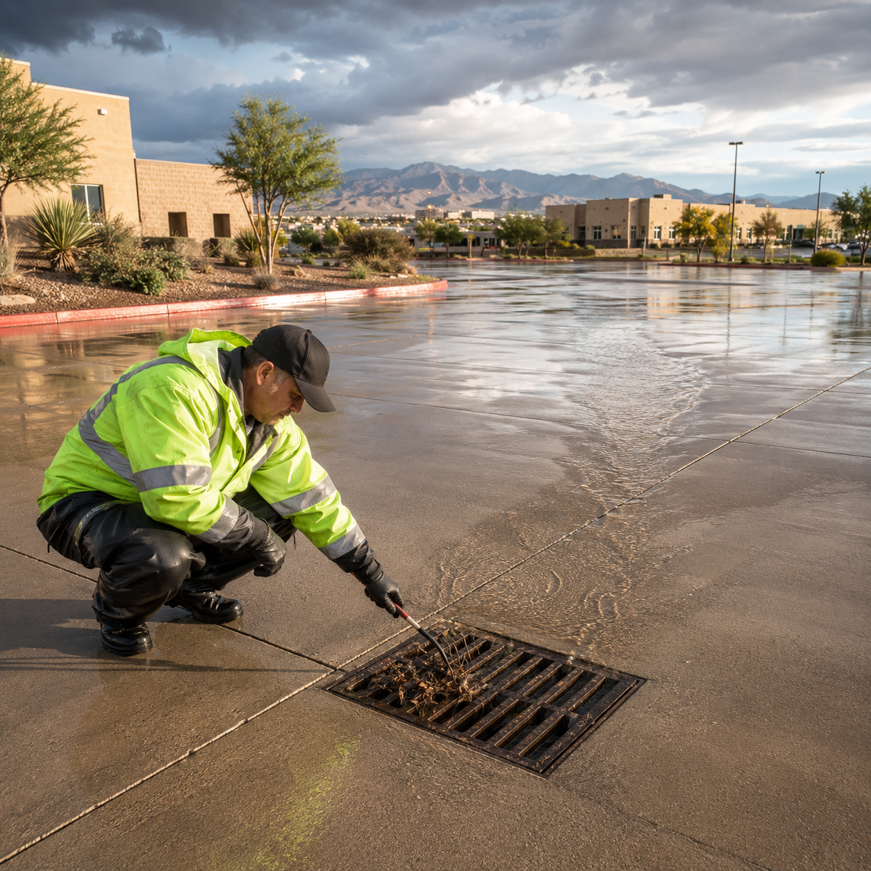 Post-monsoon water flowing toward a storm drain while a technician clears debris and inspects the drainage path.