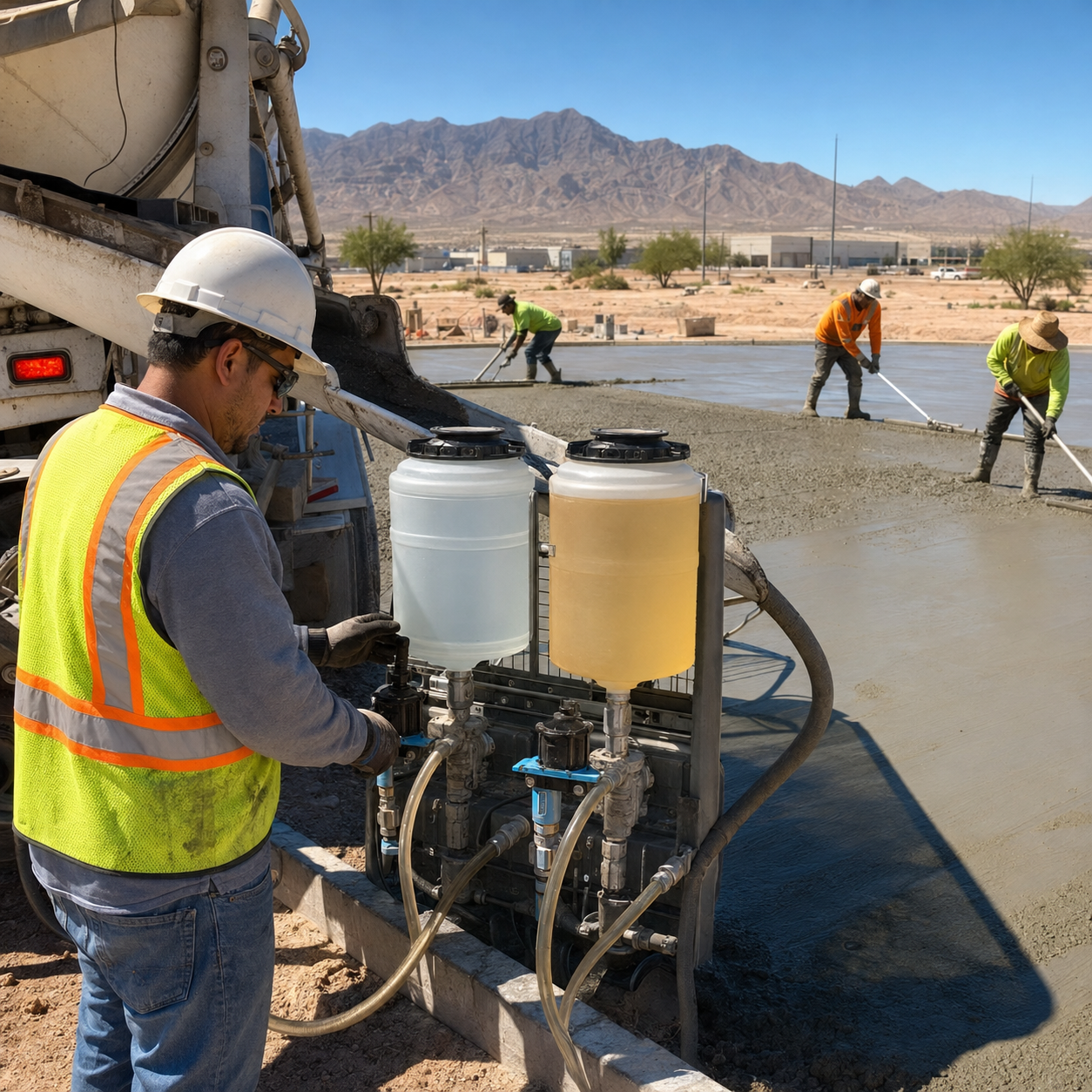 Controlled admixture dosing beside a mixer truck while the crew finishes a commercial parking-lot slab under El Paso’s extreme desert heat.