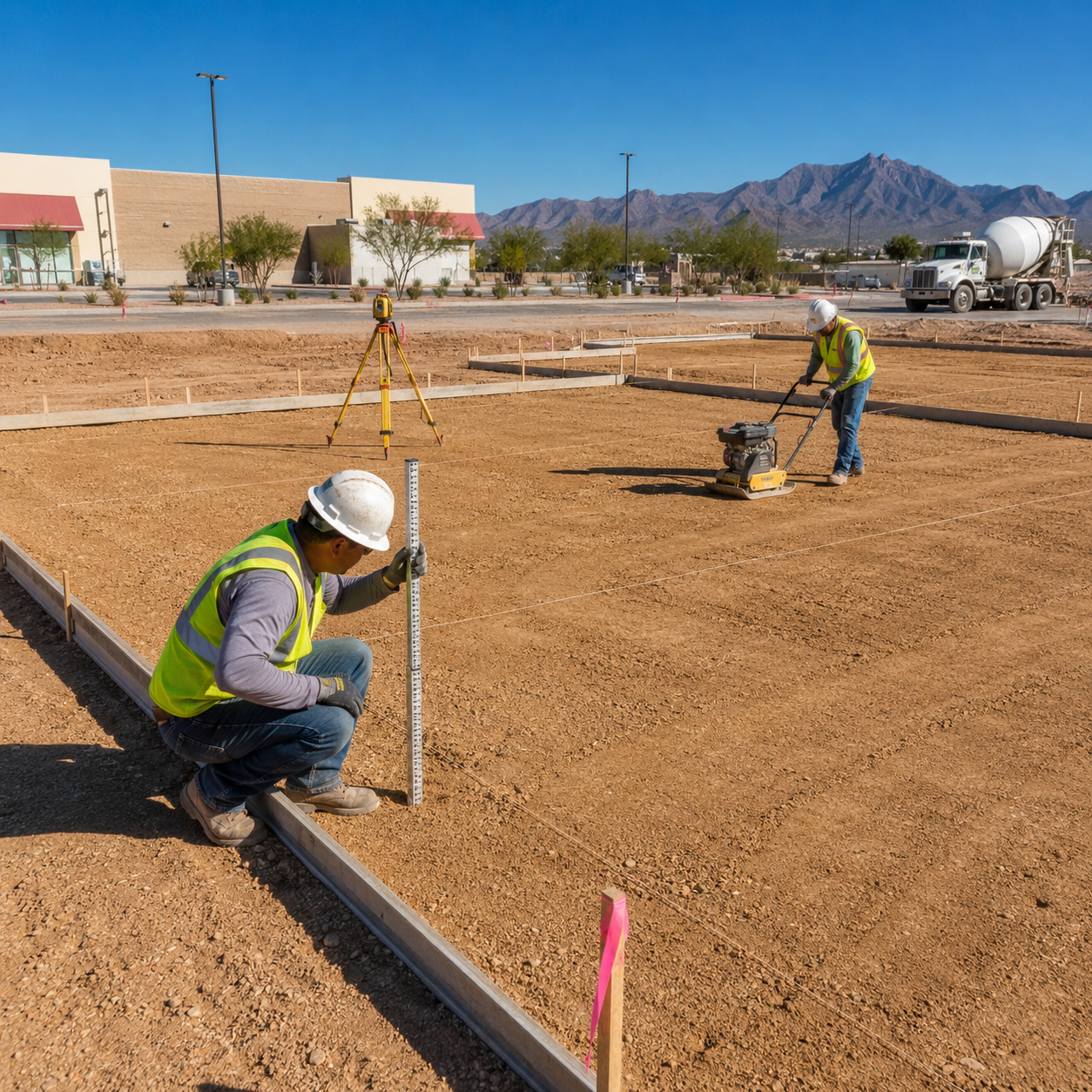 Proper subgrade preparation, elevation checking, formwork, and compaction before the concrete pour in El Paso.