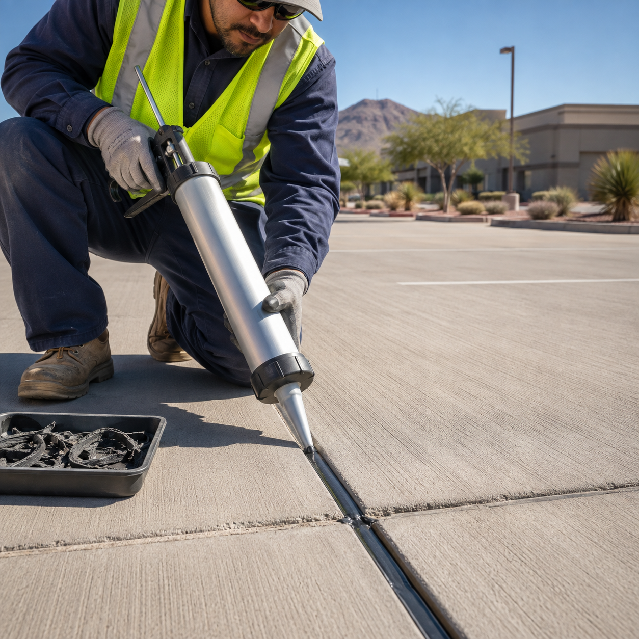 Professional control-joint resealing under strong El Paso sunlight.