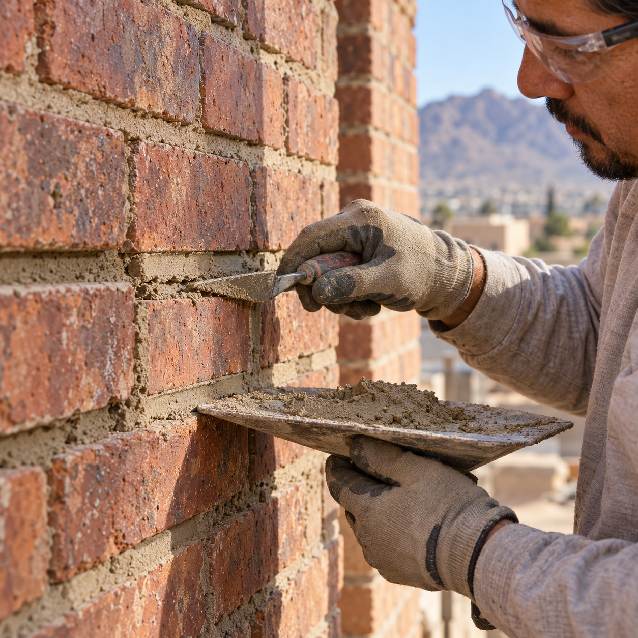 Mason wearing gloves and safety glasses presses fresh mortar into a joint between intact weathered bricks.