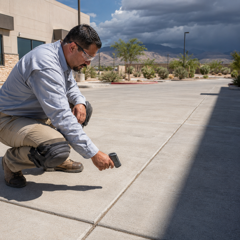 A concrete professional measures surface heat on an El Paso parking lot.