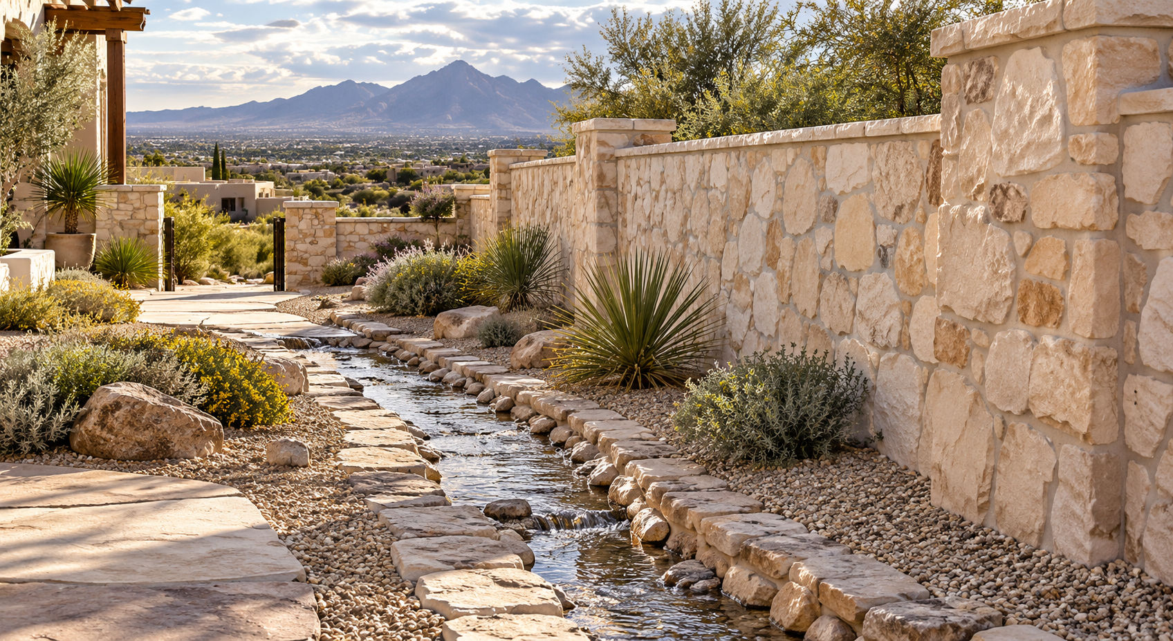 A stone-lined drainage channel follows a limestone boundary wall through an El Paso desert courtyard