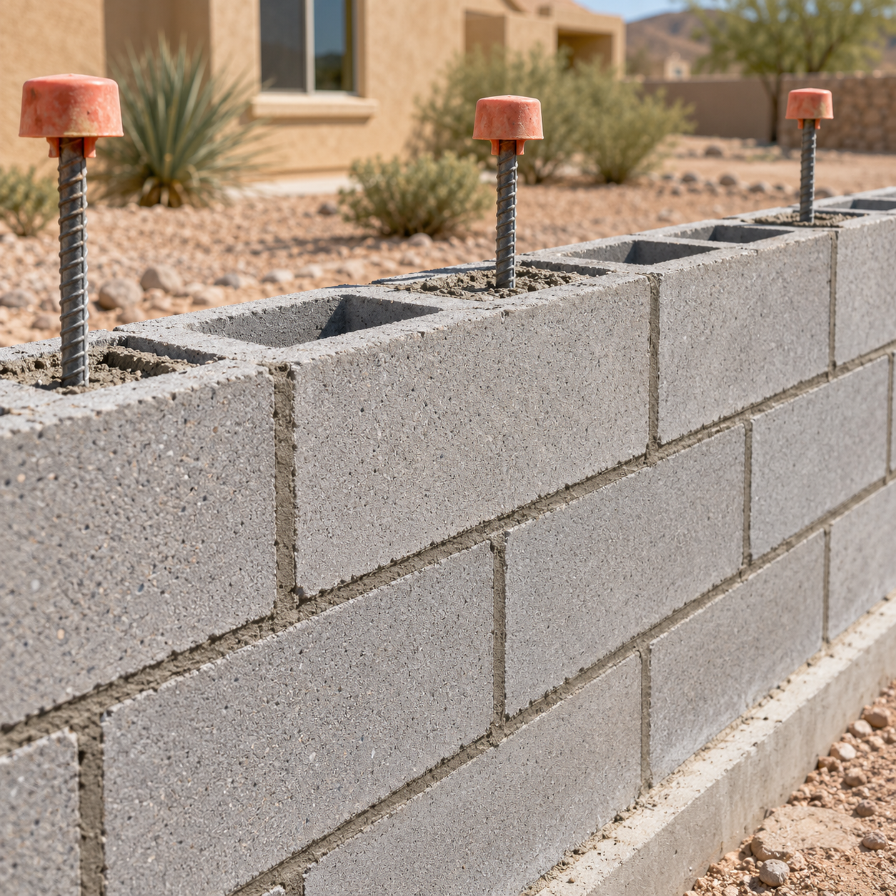 A concrete block wall under construction shows hollow cores, grouted cells, and capped vertical reinforcing bars.