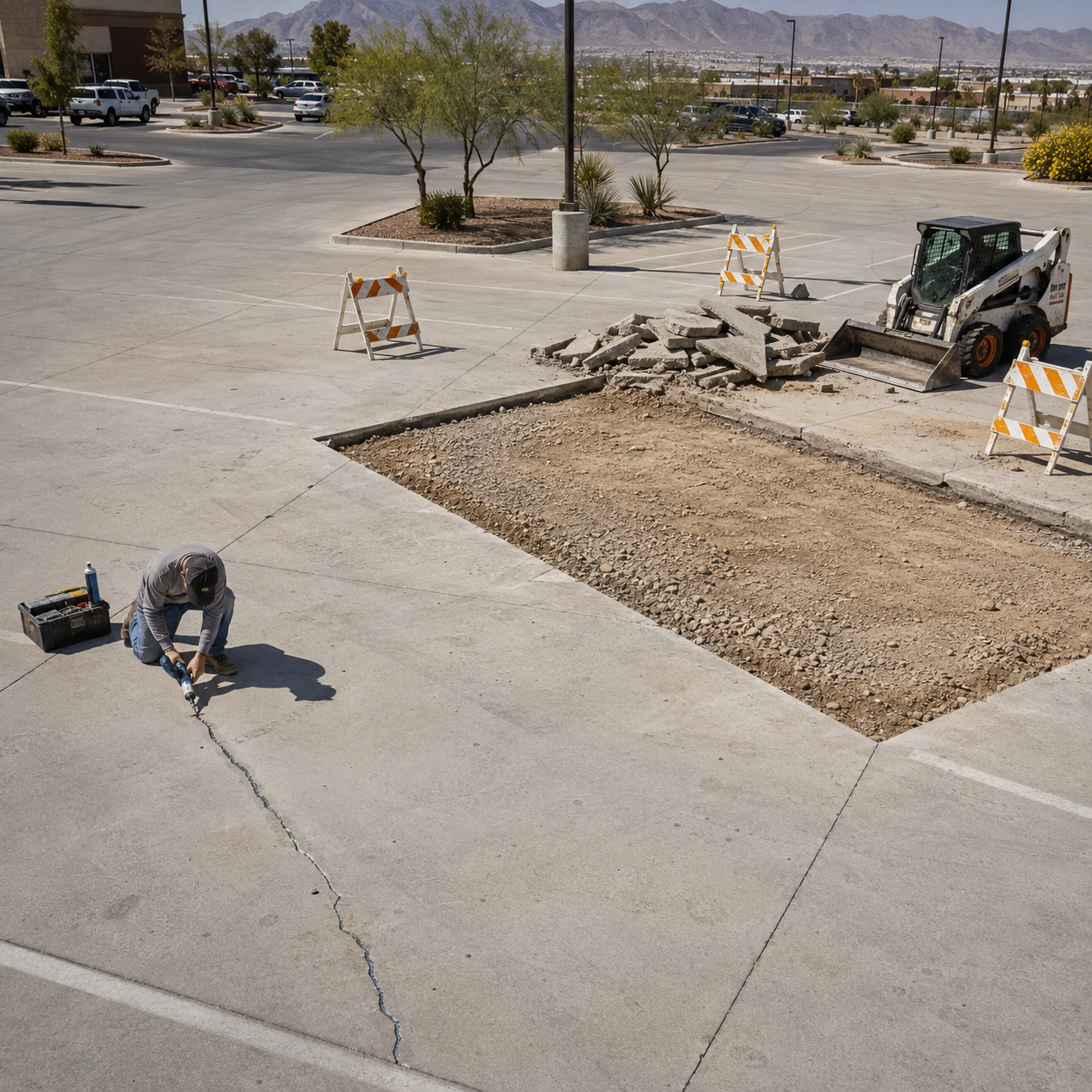 A concrete parking lot being repaired by a professional concrete expert in El Paso.