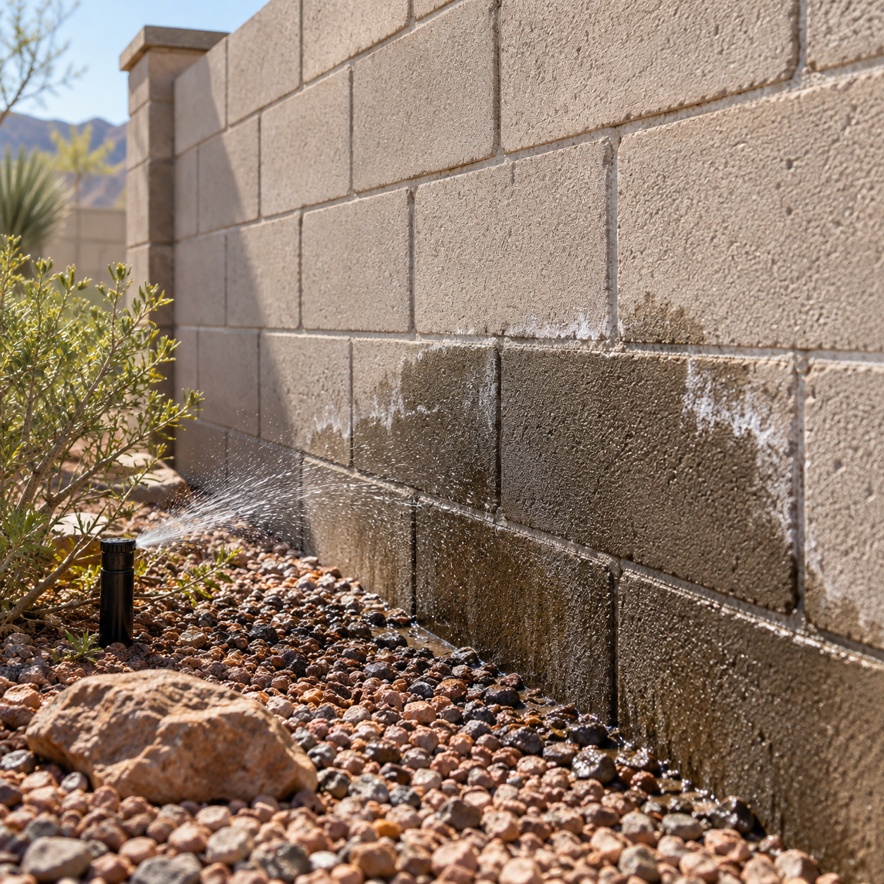 Sprinkler wetting the base of a concrete block wall with visible white mineral deposits.