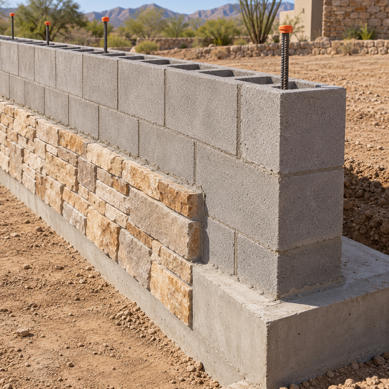 Partially built concrete-block retaining wall shows capped reinforcing bars, a concrete footing, and stone facing.