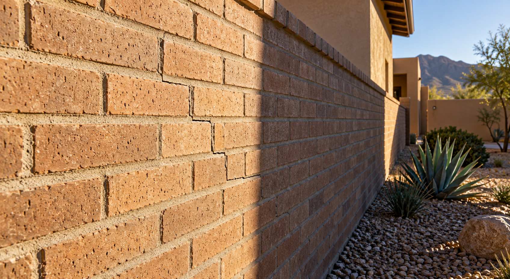 A stepped mortar crack marks a tan brick wall where strong sunlight meets shade.