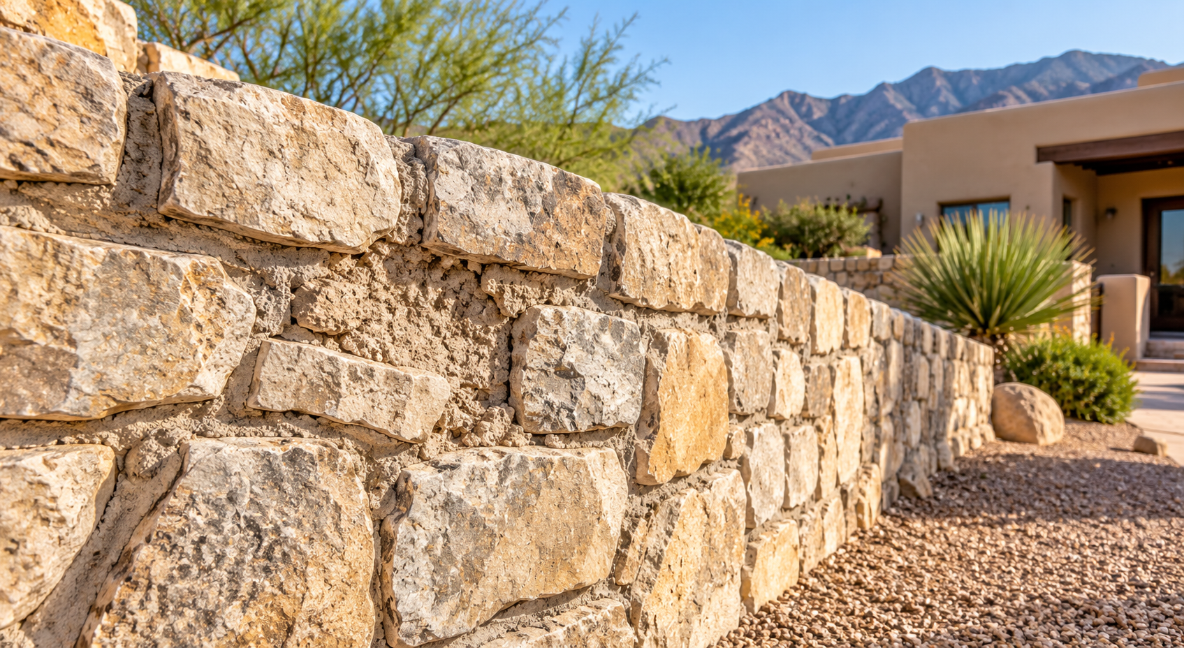 Weathered mortar joints in a tan stone boundary wall beside an El Paso desert garden and stucco home