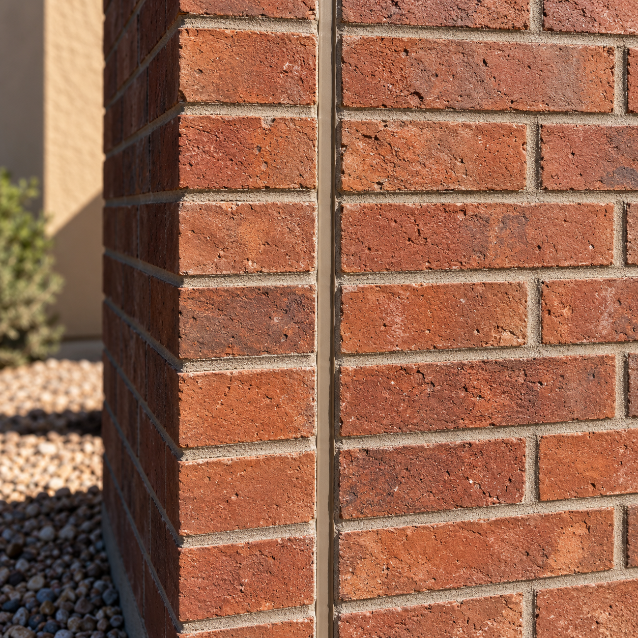 A straight, sealant-filled movement joint separates sections of a sunlit clay brick wall.