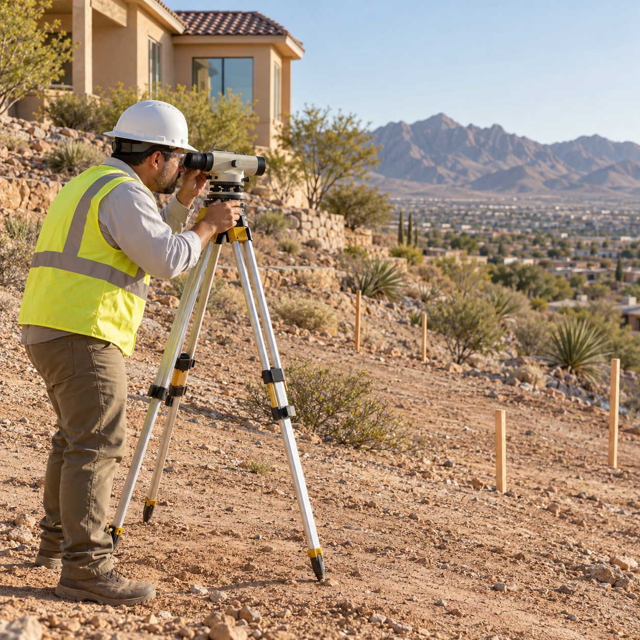 Surveyor uses a tripod-mounted optical level beside layout stakes on a sloped El Paso property.