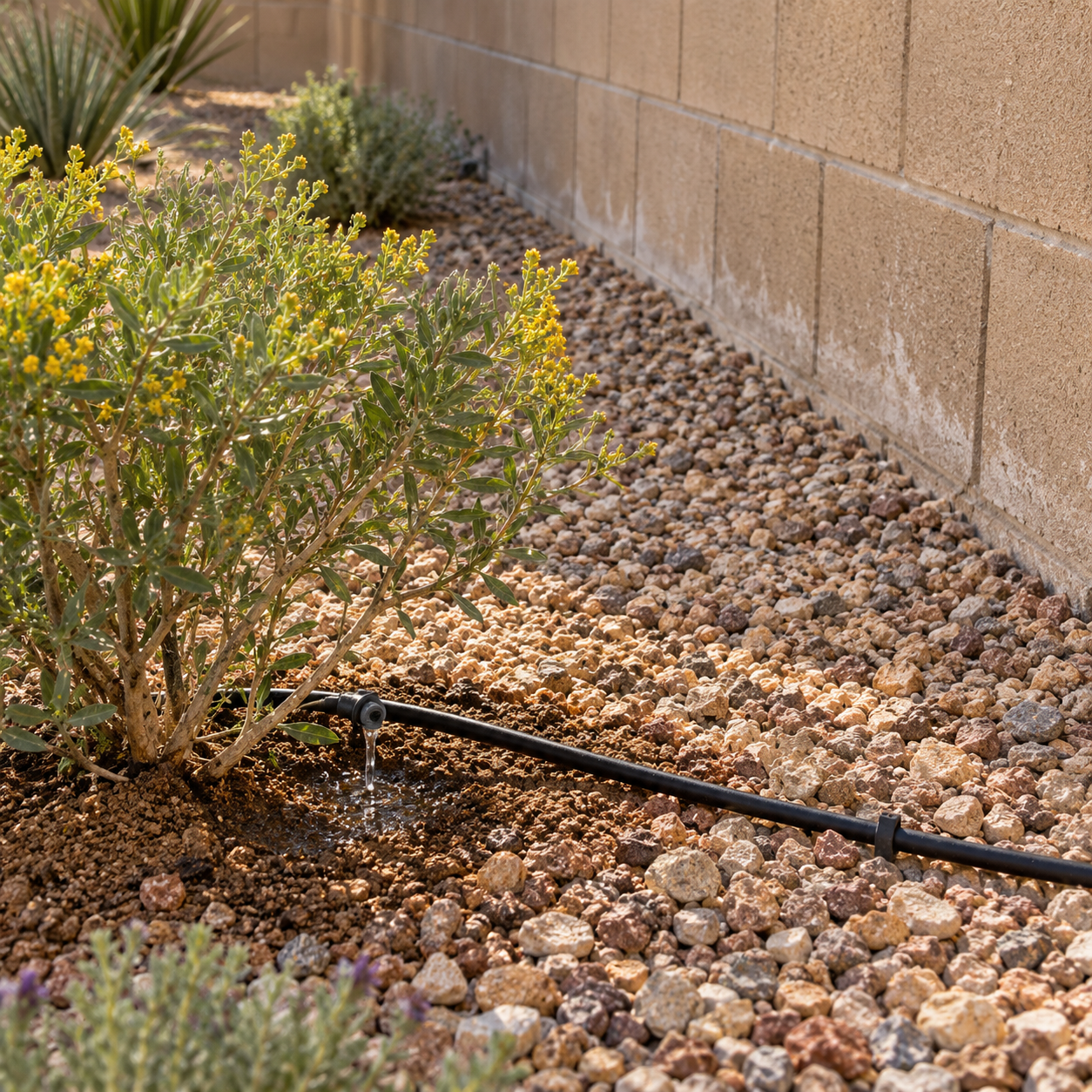 Drip irrigation waters a desert shrub, with a dry gravel strip separating the planting from a masonry wall.