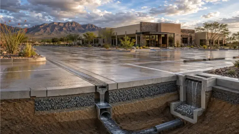 concrete parking lot showing poor drainage