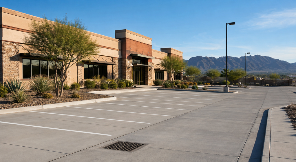 Upgraded El Paso concrete parking lot with fresh paving, striping, curbs, and desert landscaping