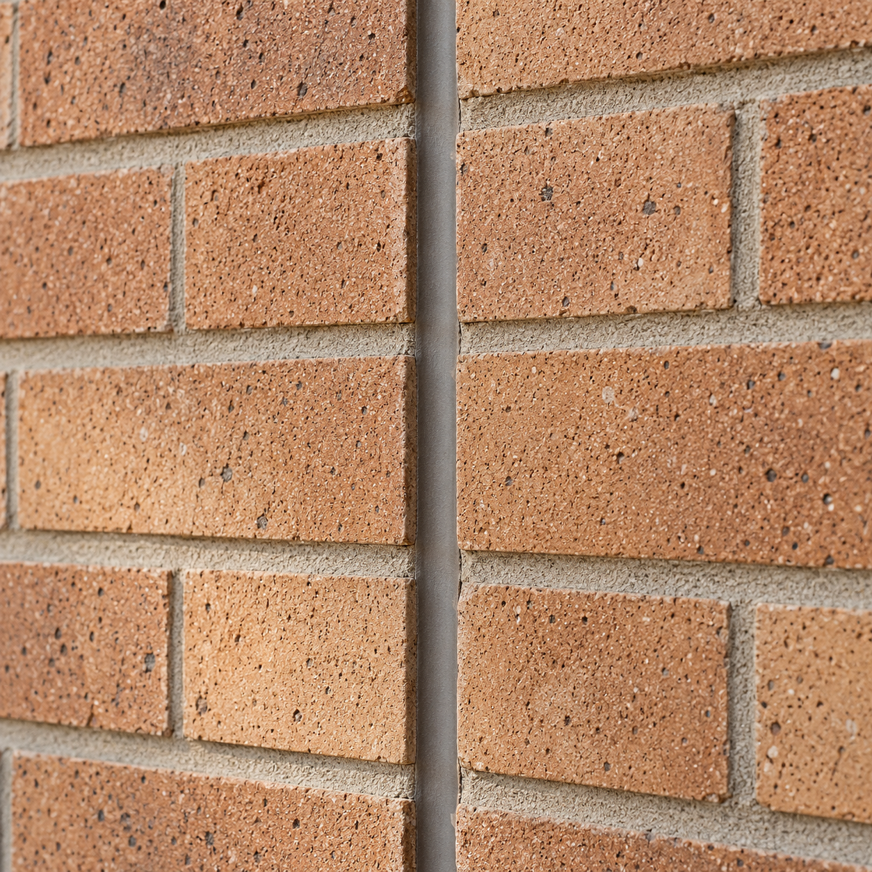 A continuous vertical sealant joint separates two brick panels without mortar bridging the gap.