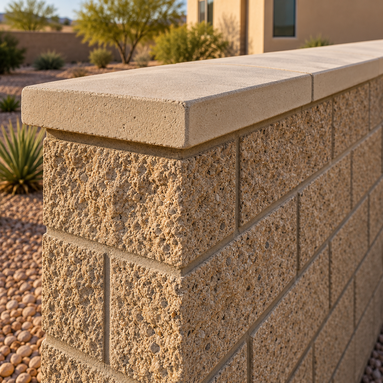 Close-up of textured concrete blocks, neat mortar joints, and overhanging wall caps in a desert yard.