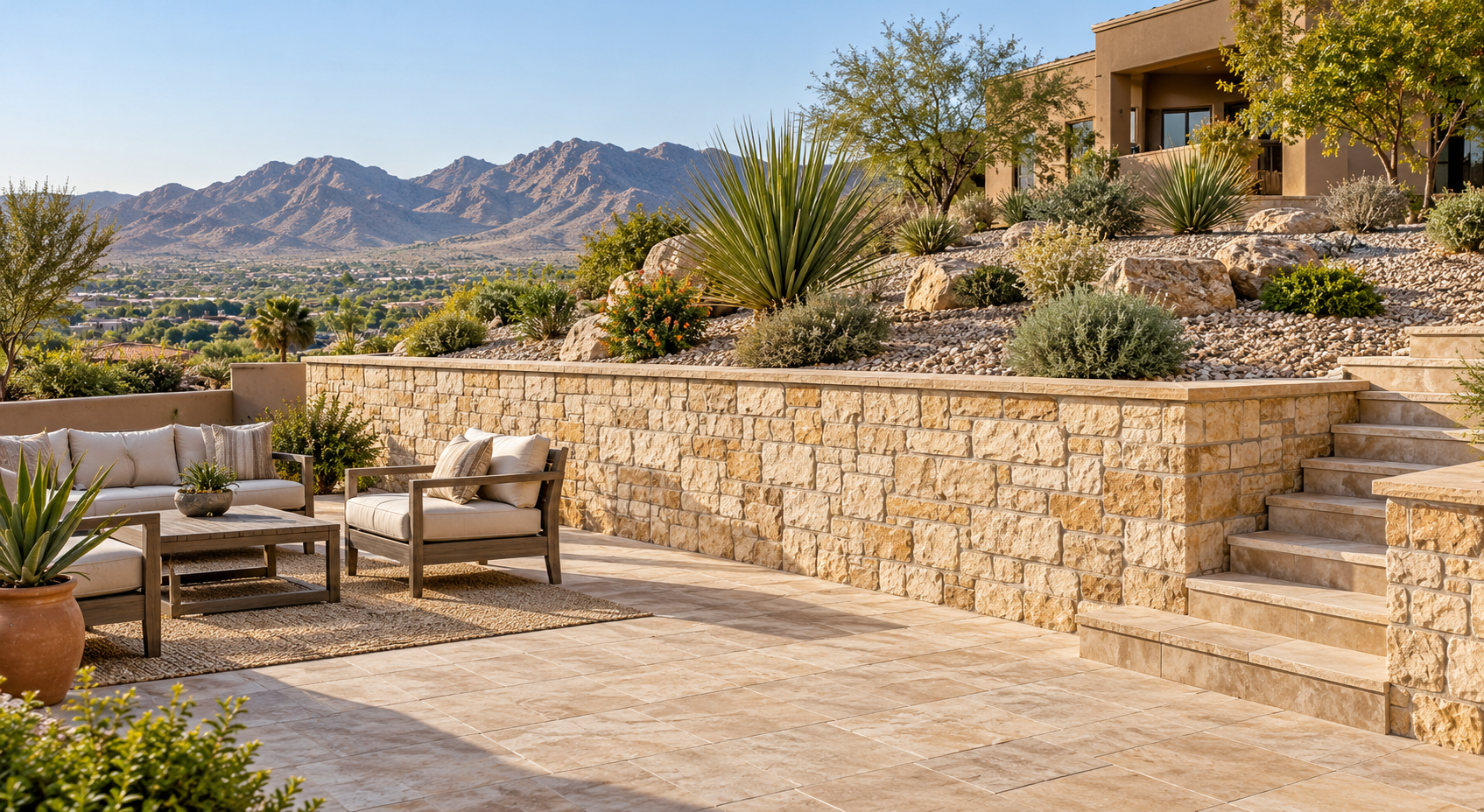 Stone retaining wall borders a paved seating terrace with steps and desert landscaping in El Paso.