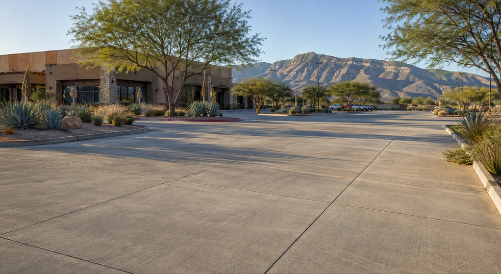 A well-maintained concrete parking lot with mature landscaping in El Paso.