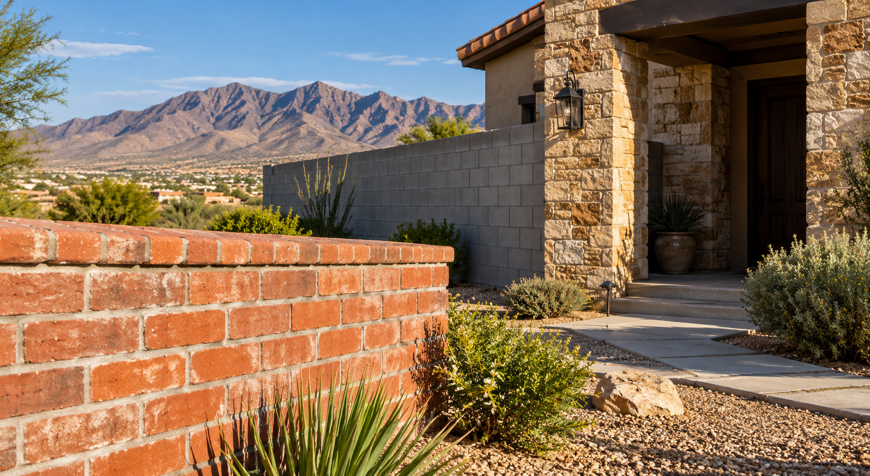 Brick boundary wall, concrete block wall, and stone entry in a sunny El Paso desert setting.