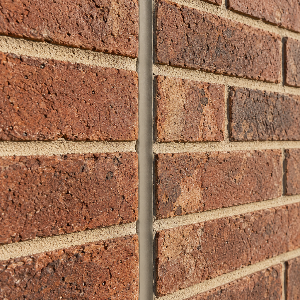 Flexible sealant fills a vertical expansion joint between sections of red brick masonry.