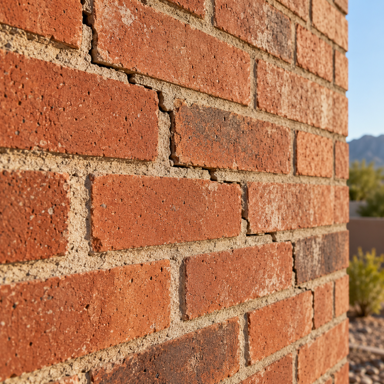 Stair-step cracking along mortar joints in a sun-exposed red brick wall.