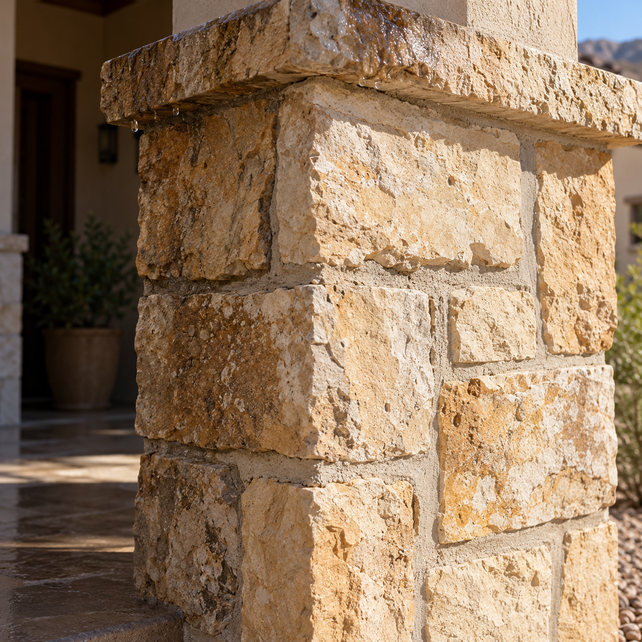 Tan stone entry pier with damp surfaces and weathered mortar joints beneath a projecting cap.