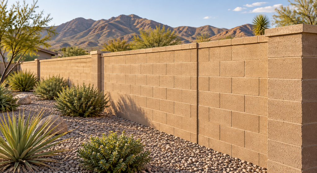 Tan masonry boundary wall with a vertical movement joint and desert landscaping.
