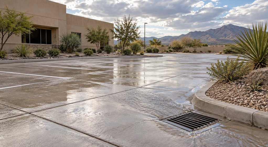 Rainwater flows toward a clear drain in a concrete parking lot bordered by desert landscaping.