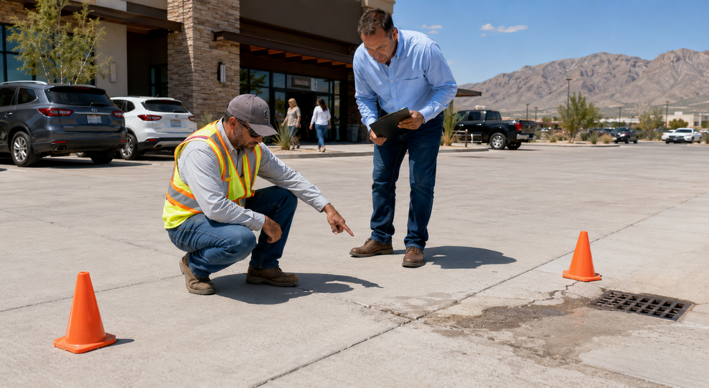 A business owner having a conversation with a professional concrete contractor.