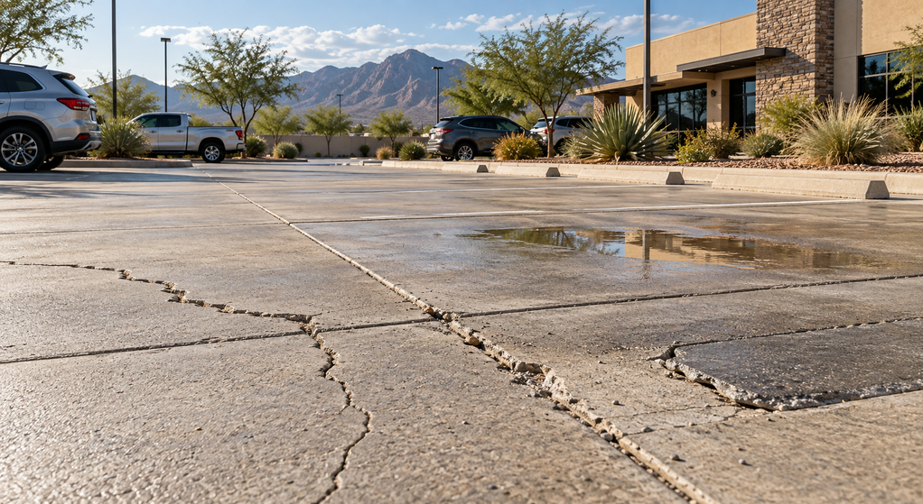 Widening cracks, damaged joints, and standing water in an El Paso concrete parking lot.