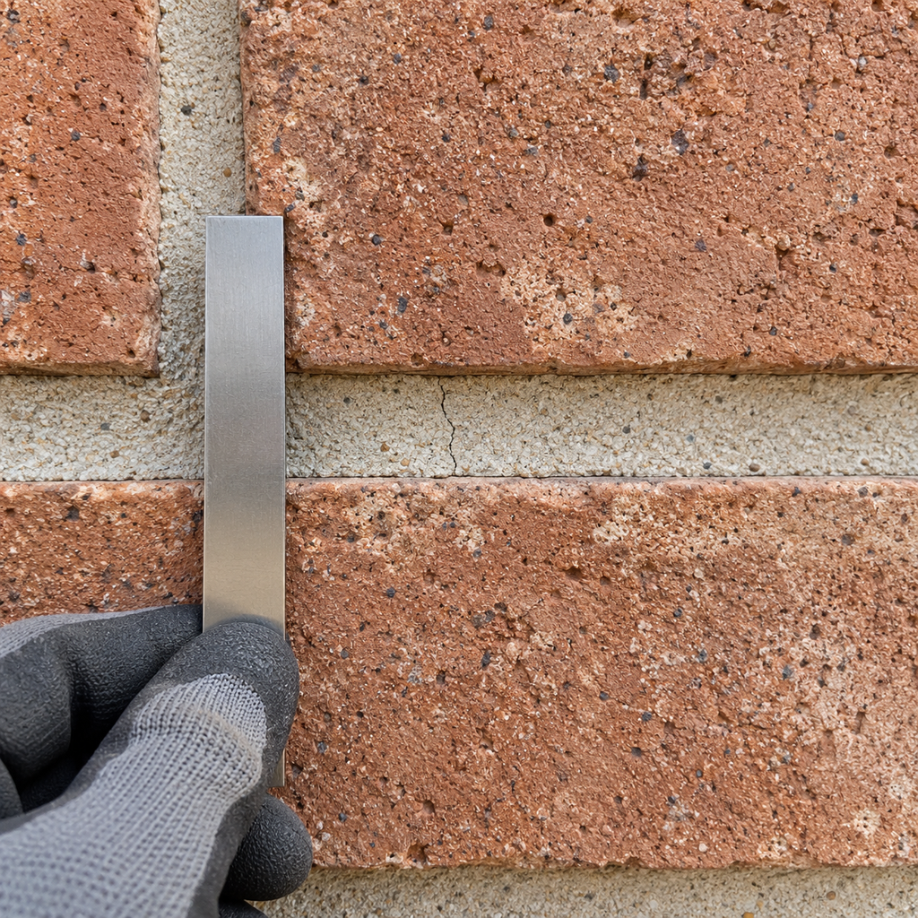 A gloved hand holds a metal strip beside a fine mortar crack in otherwise aligned brickwork.