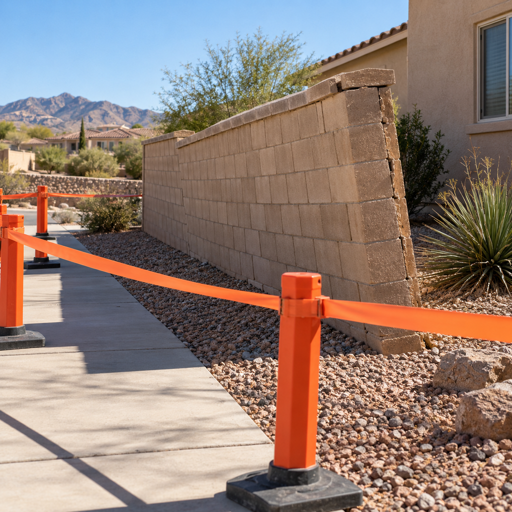 Orange barriers restrict walkway access beside a leaning concrete block wall with a displaced cap.