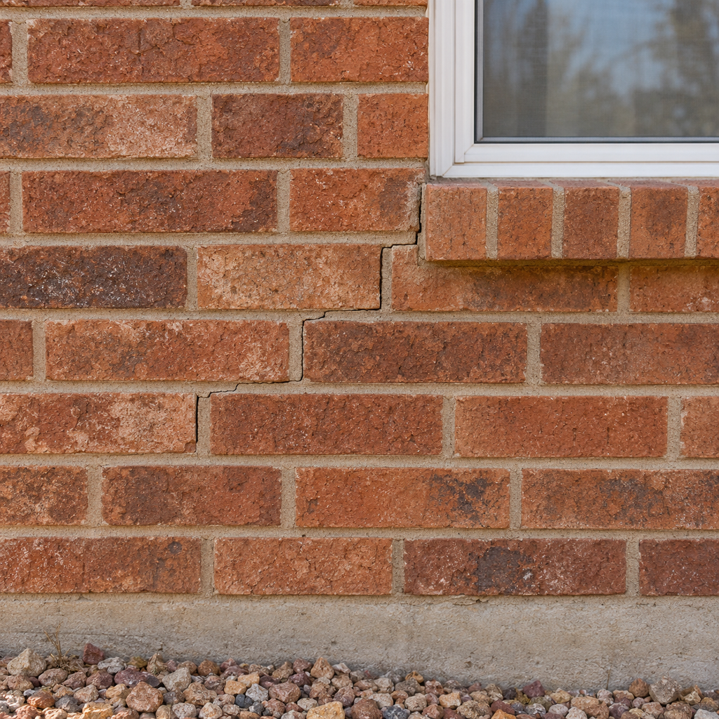 Unpatched stair-step crack follows brick mortar joints beneath a window, with the wall base visible.