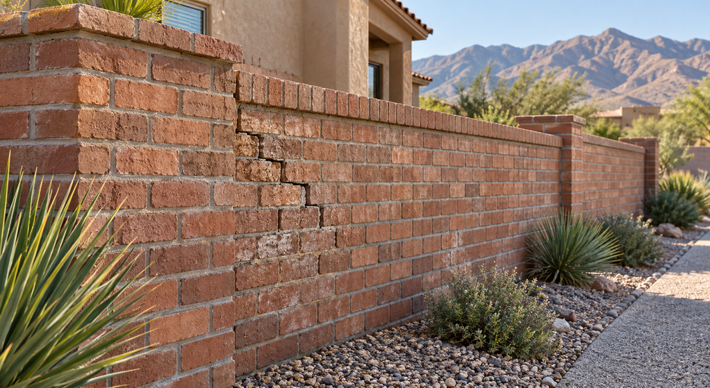 A brick boundary wall with a stair-step crack stands beside desert landscaping and an El Paso home.