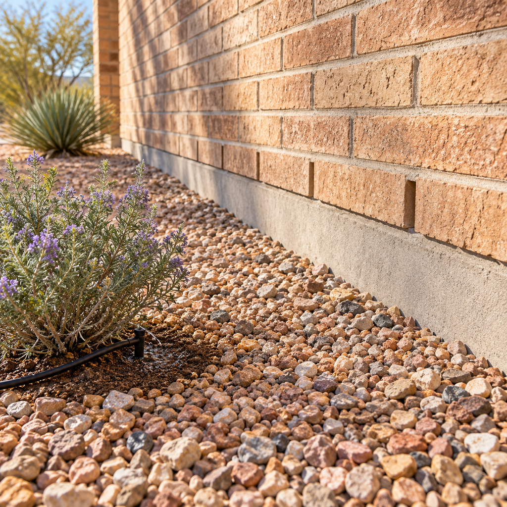 Drip irrigation waters a shrub away from a brick wall, with weep openings clear above the gravel.