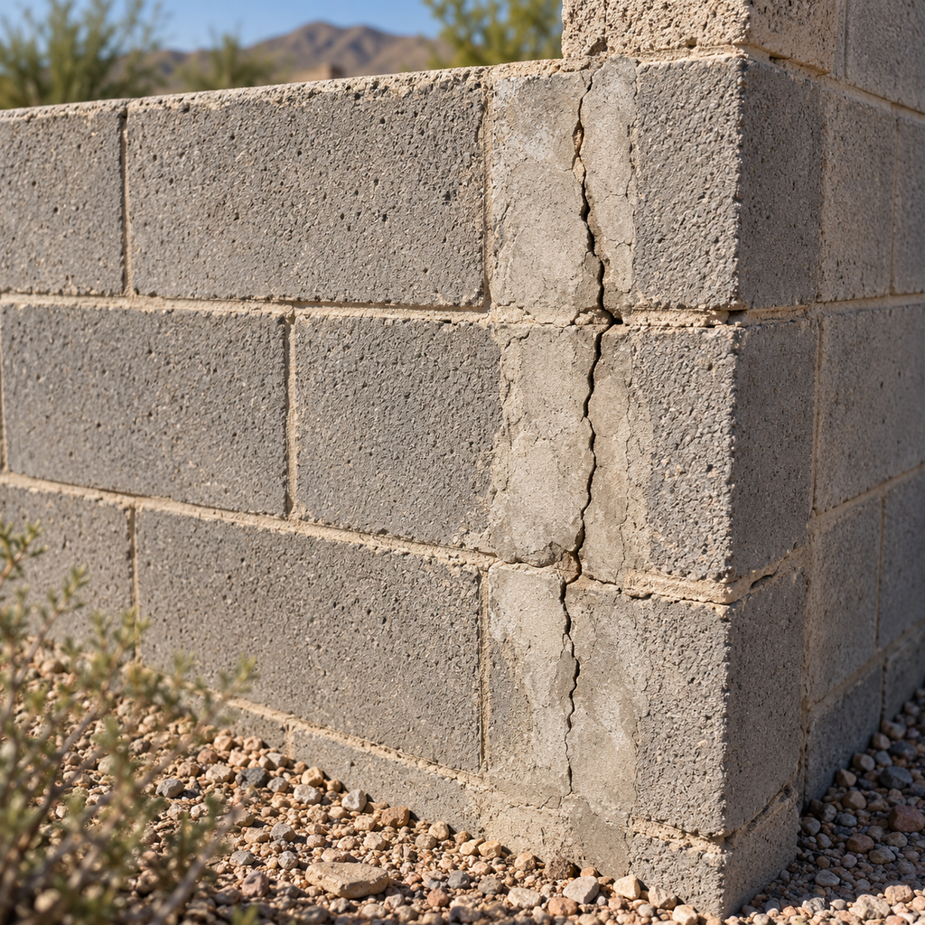 A vertical crack runs through an older mortar patch near the corner of a concrete block wall.