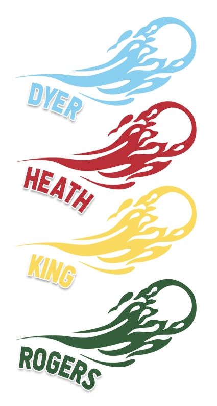 Four different colored flames with the words dyer heath king and rogers