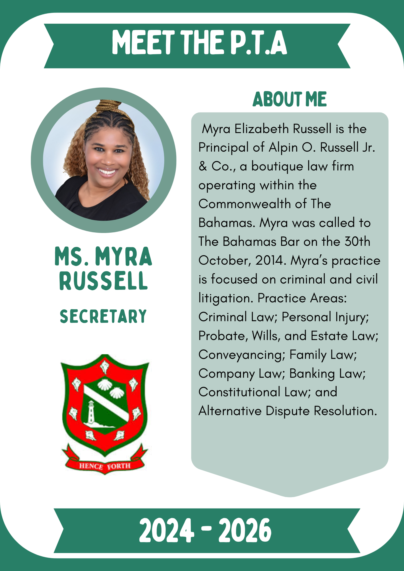 A poster for ms. myra russell secretary from 2024-2026