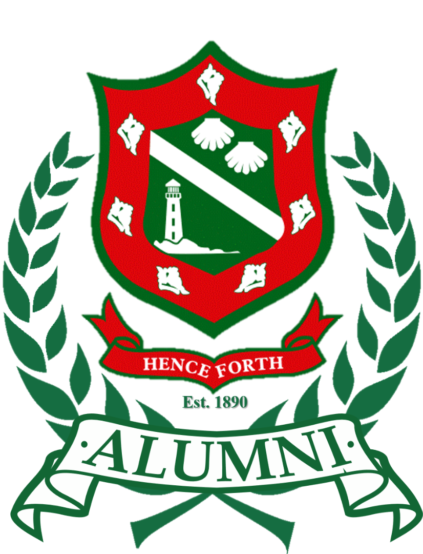 A green and red emblem with the word alumni on it