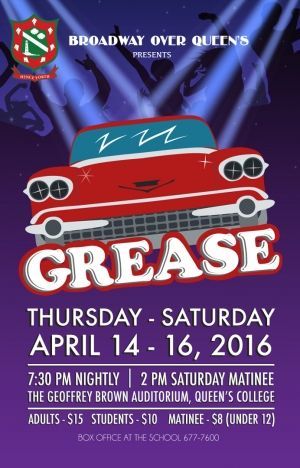 A poster for grease on april 14 and 16 2016