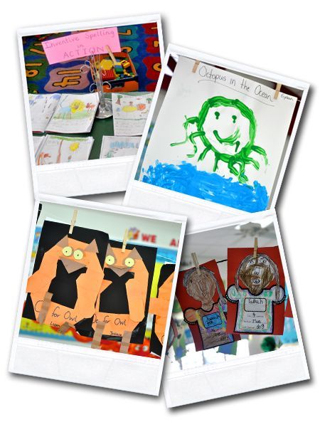 A collage of four pictures of children 's artwork