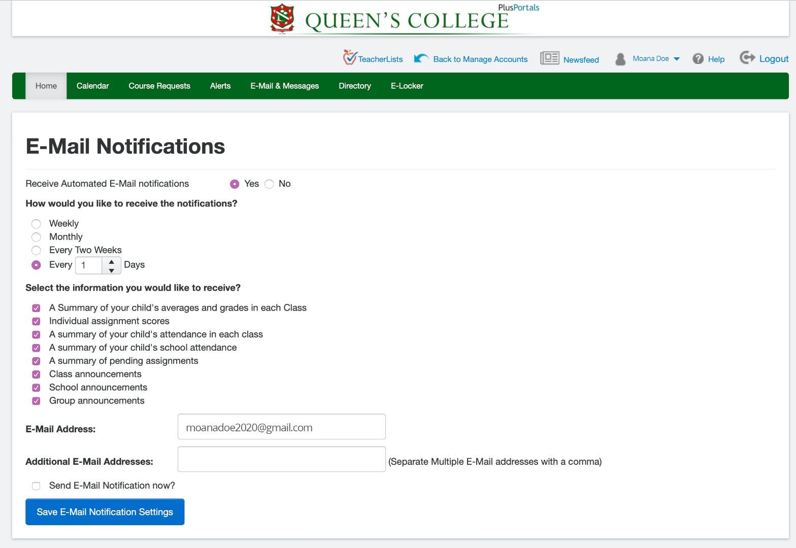 A web page for queen 's college shows e-mail notifications