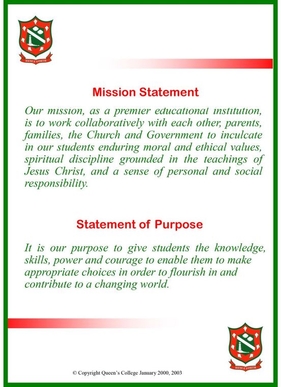 A mission statement and statement of purpose for a school