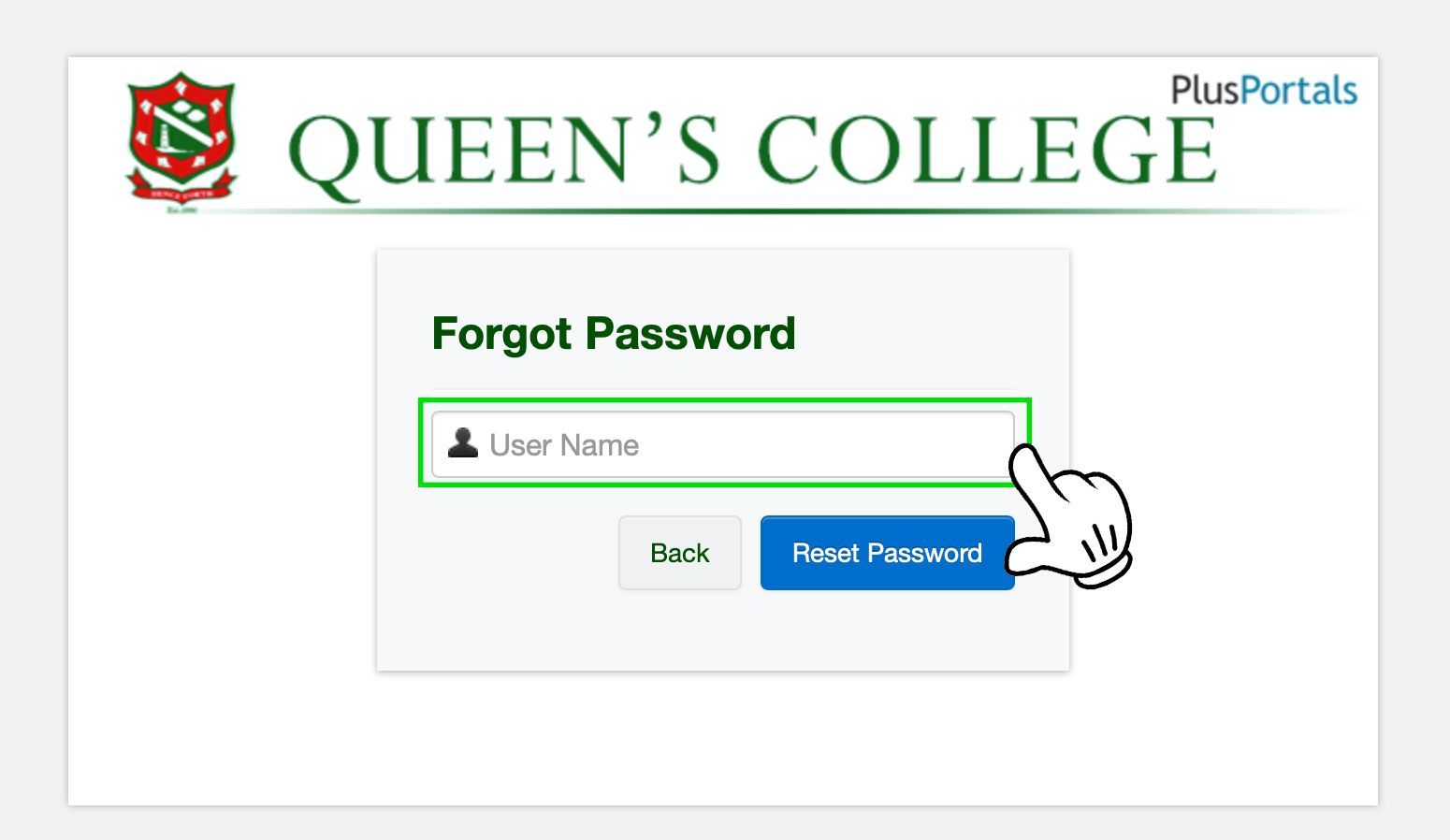 A screen shot of queen 's college forgot password page